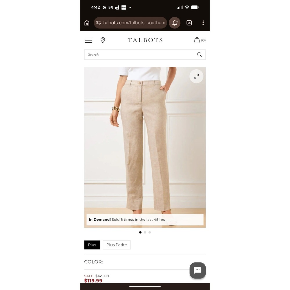 Talbots Southampton Straight Leg Pants 100% Linen size 12. Neutral beige